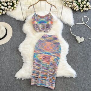 Rainbow color two piece knitted outfit set with skirt and top,casual, brand new
